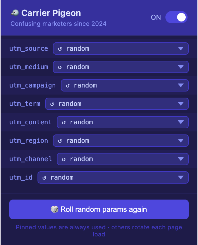 Carrier Pigeon popup showing per-param controls